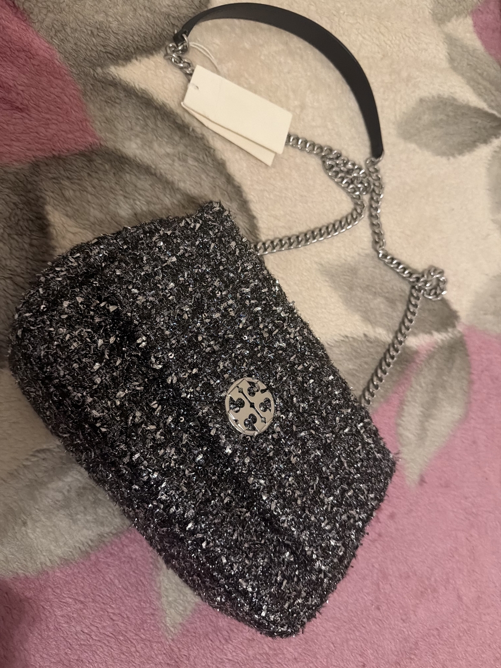 Tory Burch Black and Silver Tweed Shoulder Bag with Chain Strap Original